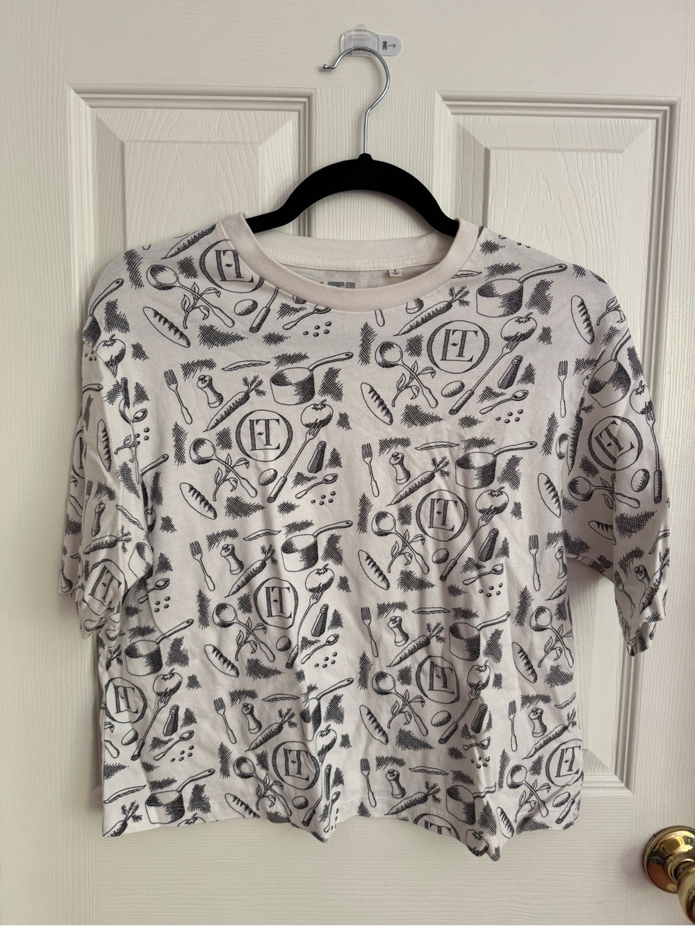Uniqlo UT  Olympia LeTan Graphic Kitchen Print Cropped Tee in White and Black